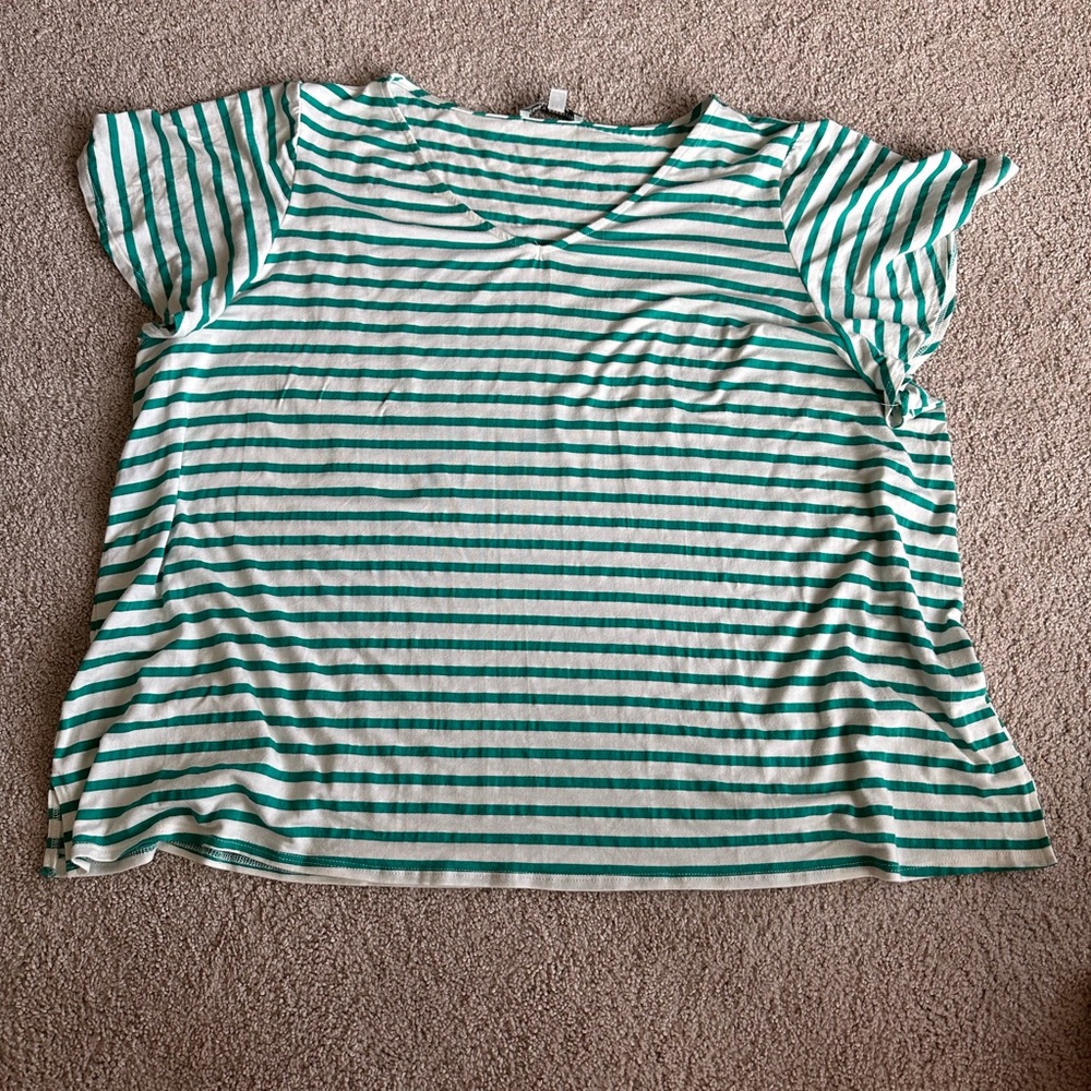 3x Green Envelope green and white striped top.